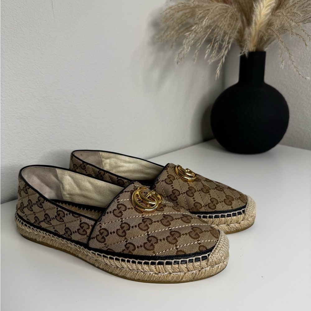 Gucci Brown Beige GG Canvas Espadrilles with Gold Double G
